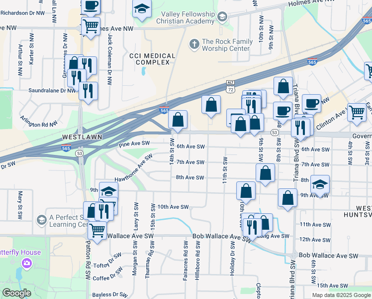 map of restaurants, bars, coffee shops, grocery stores, and more near 3801 6th Avenue Southwest in Huntsville