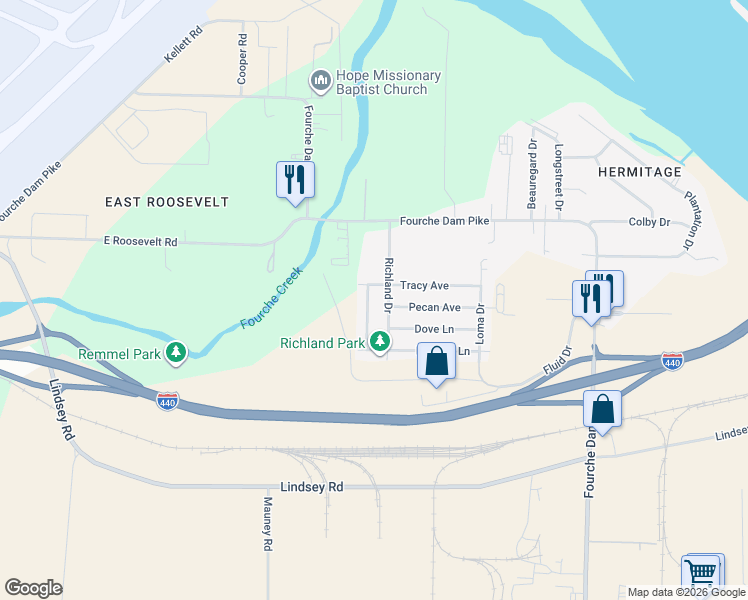 map of restaurants, bars, coffee shops, grocery stores, and more near 2905 Bermuda Lane in Little Rock