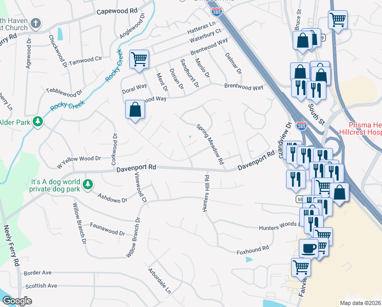 map of restaurants, bars, coffee shops, grocery stores, and more near 10 Hudders Creek Way in Simpsonville