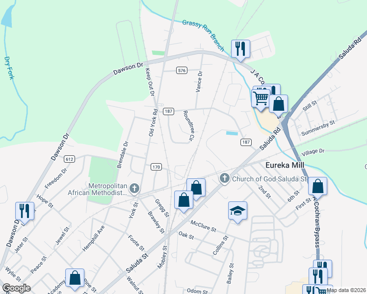 map of restaurants, bars, coffee shops, grocery stores, and more near 556 Roundtree Circle in Chester