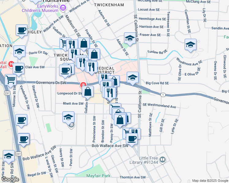 map of restaurants, bars, coffee shops, grocery stores, and more near 117 Longwood Drive Southeast in Huntsville