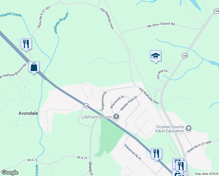 map of restaurants, bars, coffee shops, grocery stores, and more near 705 Tanglewood Drive in Seneca