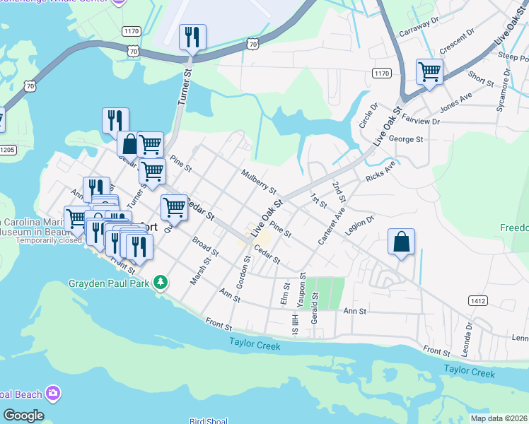 map of restaurants, bars, coffee shops, grocery stores, and more near 501 Live Oak Street in Beaufort