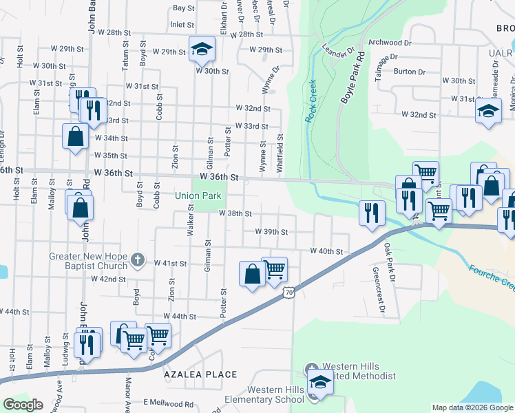 map of restaurants, bars, coffee shops, grocery stores, and more near 3720 Wynne Street in Little Rock