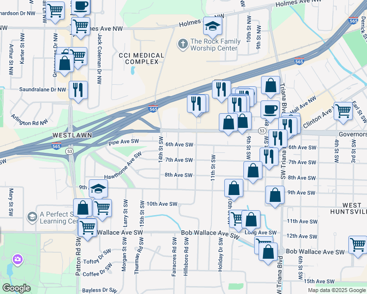 map of restaurants, bars, coffee shops, grocery stores, and more near 3713 6th Avenue Southwest in Huntsville
