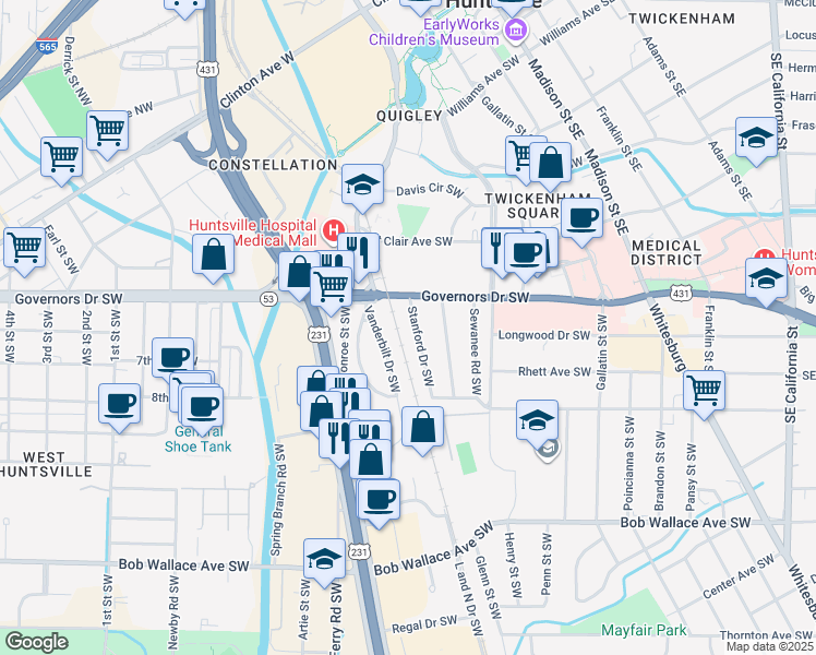 map of restaurants, bars, coffee shops, grocery stores, and more near 2010 Stanford Drive Southwest in Huntsville