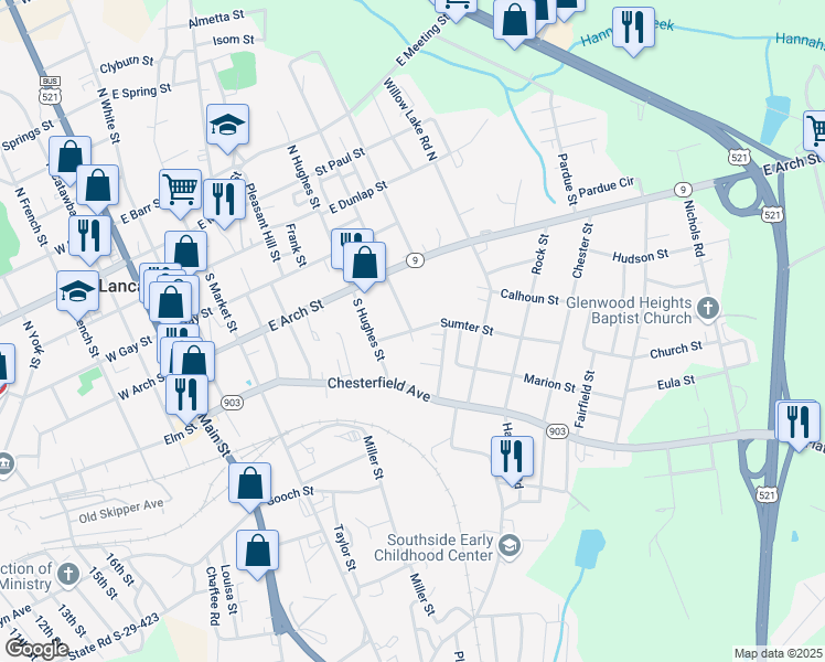 map of restaurants, bars, coffee shops, grocery stores, and more near 603 Sumter Street in Lancaster