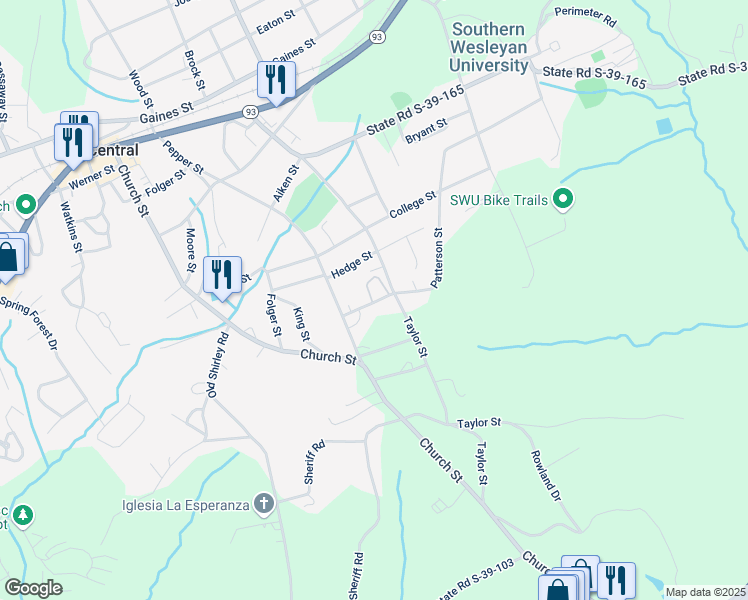 map of restaurants, bars, coffee shops, grocery stores, and more near 100 Raymond Circle in Central