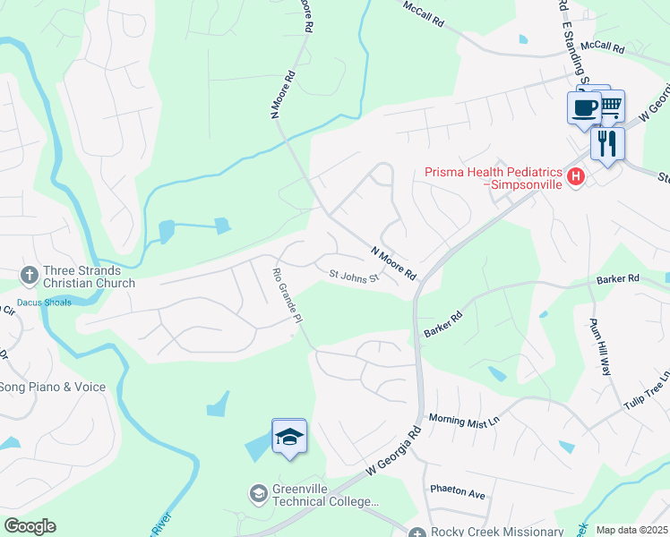 map of restaurants, bars, coffee shops, grocery stores, and more near 140 Saint Johns Street in Simpsonville