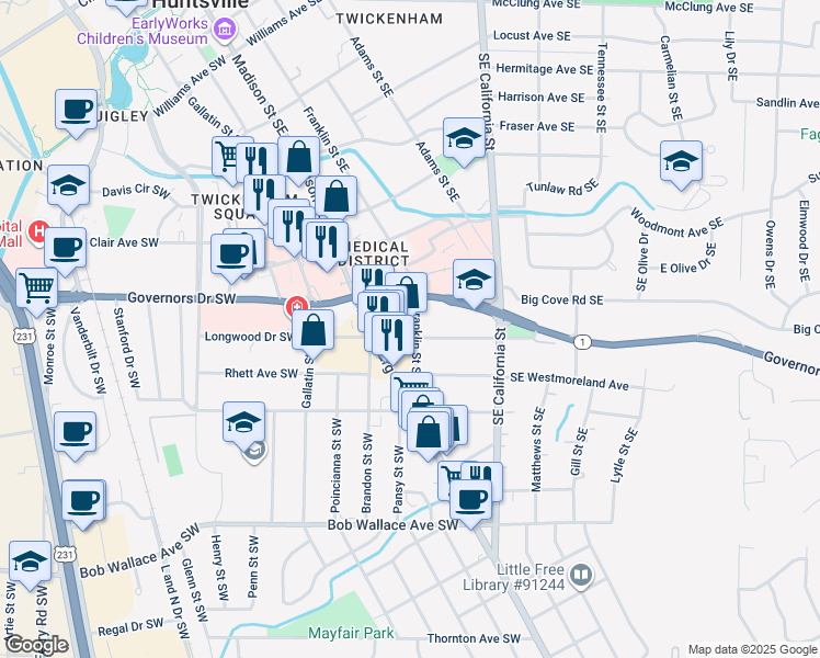 map of restaurants, bars, coffee shops, grocery stores, and more near 117 Longwood Drive Southeast in Huntsville