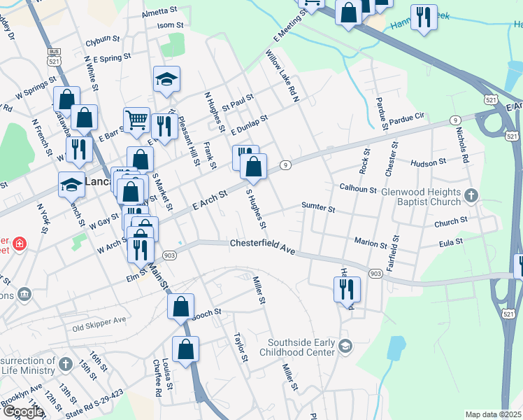 map of restaurants, bars, coffee shops, grocery stores, and more near 315 South Hughes Street in Lancaster
