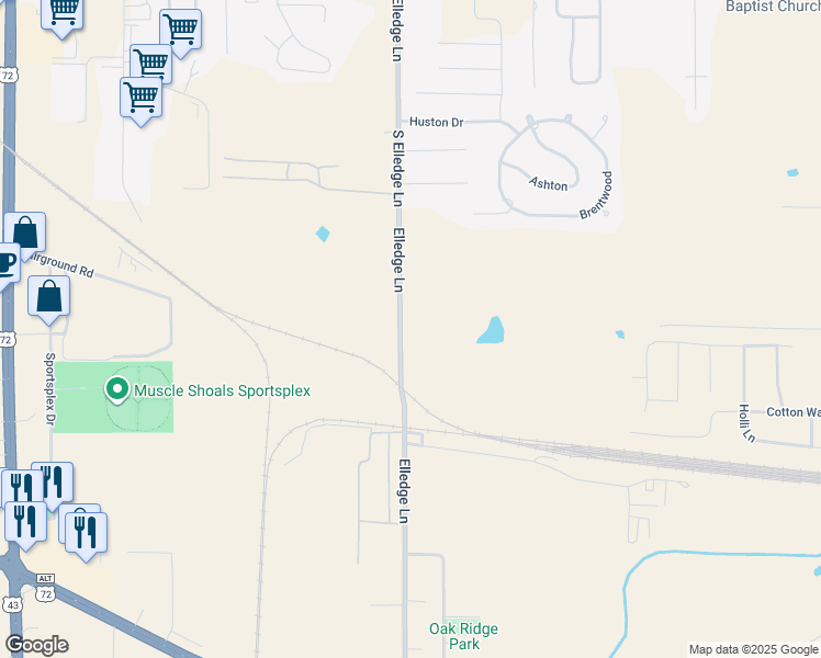 map of restaurants, bars, coffee shops, grocery stores, and more near 2915 Elledge Lane in Muscle Shoals