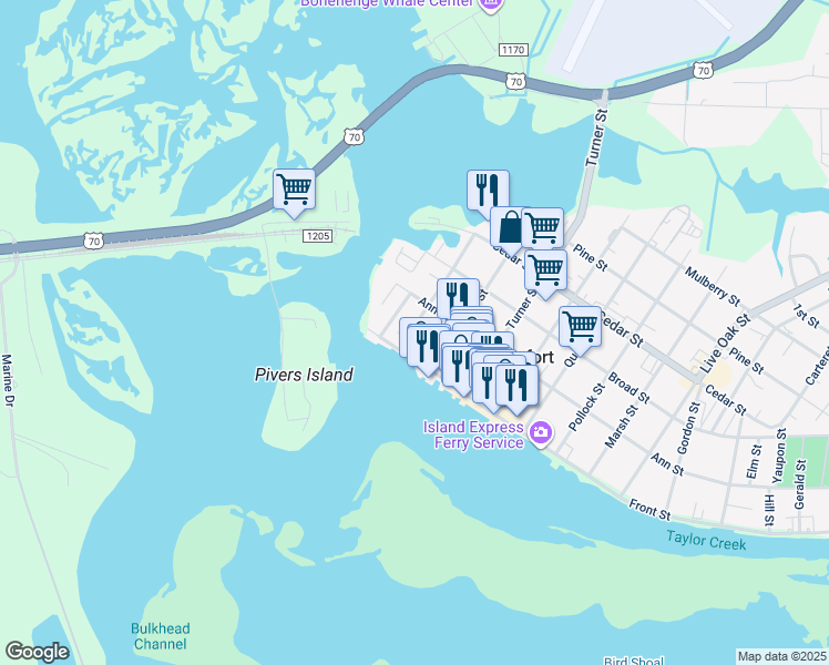 map of restaurants, bars, coffee shops, grocery stores, and more near 108 Moore Street in Beaufort