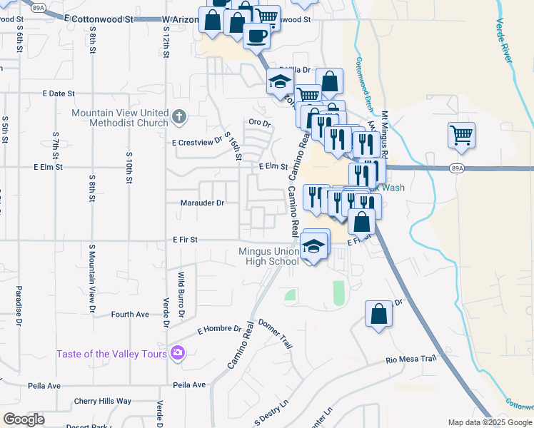 map of restaurants, bars, coffee shops, grocery stores, and more near 1725 Avenida Rio Verde in Cottonwood
