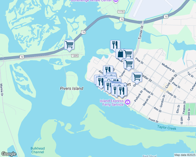 map of restaurants, bars, coffee shops, grocery stores, and more near 108 Moore Street in Beaufort