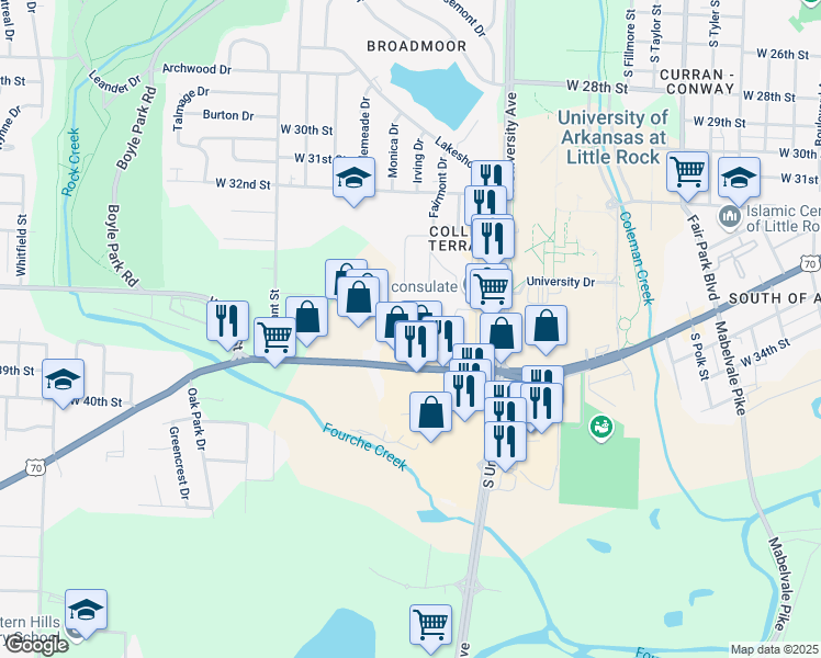 map of restaurants, bars, coffee shops, grocery stores, and more near 6310 Colonel Glenn Road in Little Rock