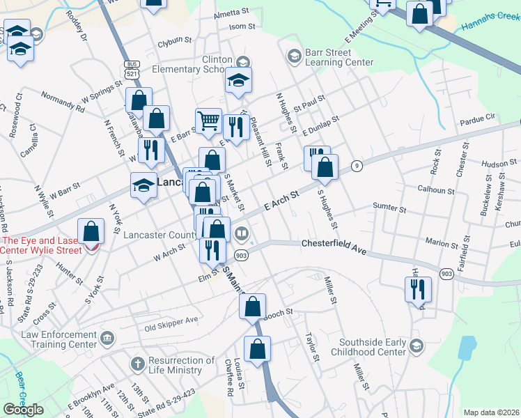 map of restaurants, bars, coffee shops, grocery stores, and more near 304 East Arch Street in Lancaster