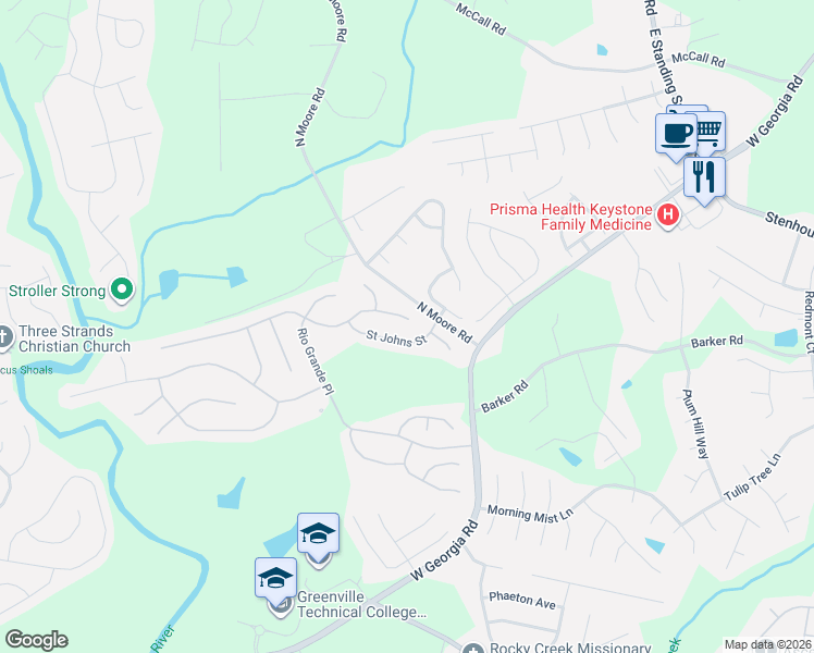 map of restaurants, bars, coffee shops, grocery stores, and more near 218 Wateree Way in Simpsonville