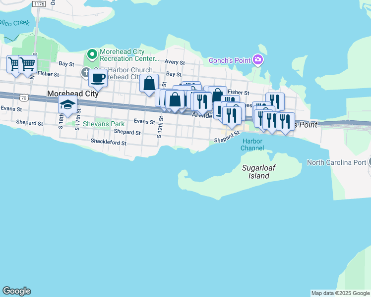 map of restaurants, bars, coffee shops, grocery stores, and more near 1003 Shepard Street in Morehead City