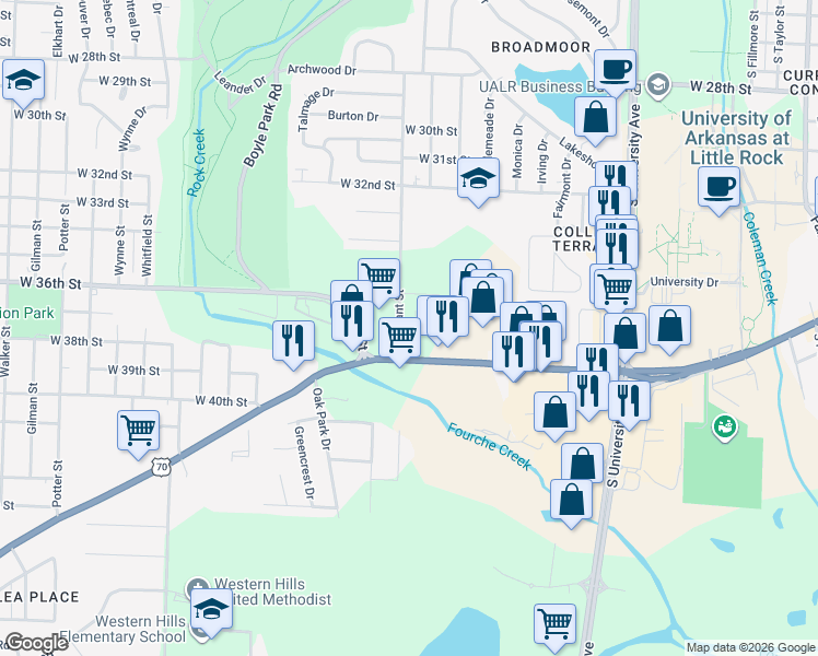 map of restaurants, bars, coffee shops, grocery stores, and more near 6724 Stonecrest Drive in Little Rock