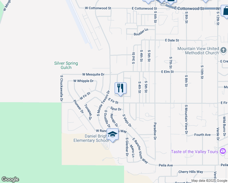 map of restaurants, bars, coffee shops, grocery stores, and more near 1121 South Monte Tesoro Drive in Cottonwood