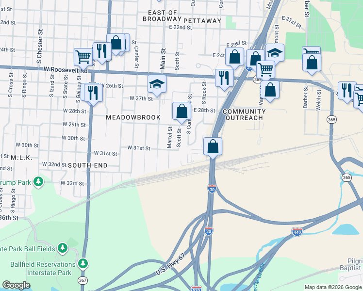 map of restaurants, bars, coffee shops, grocery stores, and more near 3009 Scott Street in Little Rock