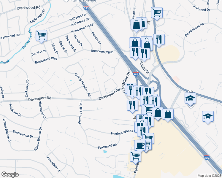 map of restaurants, bars, coffee shops, grocery stores, and more near 112 Davenport Road in Simpsonville