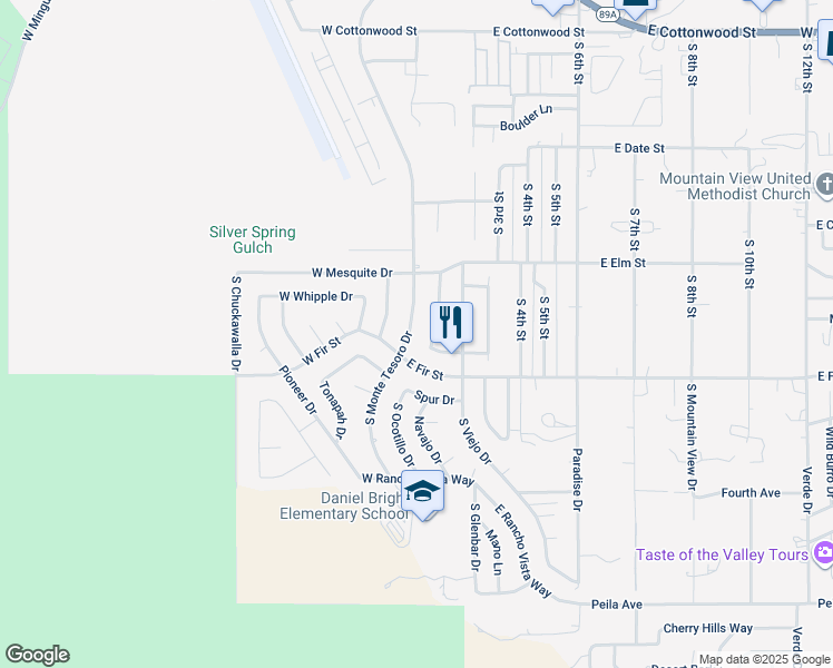 map of restaurants, bars, coffee shops, grocery stores, and more near 1121 South Monte Tesoro Drive in Cottonwood