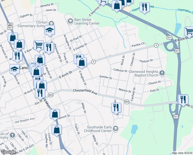 map of restaurants, bars, coffee shops, grocery stores, and more near 603 Sumter Street in Lancaster