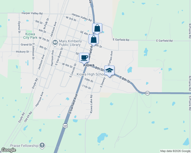 map of restaurants, bars, coffee shops, grocery stores, and more near 901 Kiowa Lake Road in Kiowa