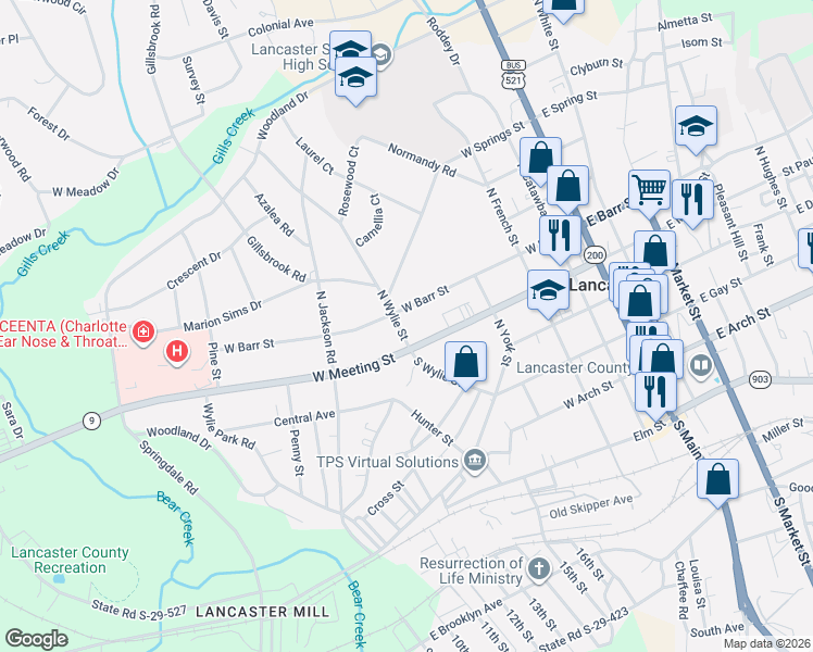 map of restaurants, bars, coffee shops, grocery stores, and more near 205 North Wylie Street in Lancaster