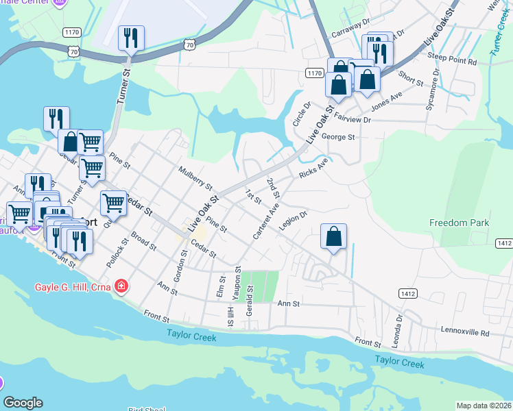 map of restaurants, bars, coffee shops, grocery stores, and more near 1005 Lennoxville Road in Beaufort