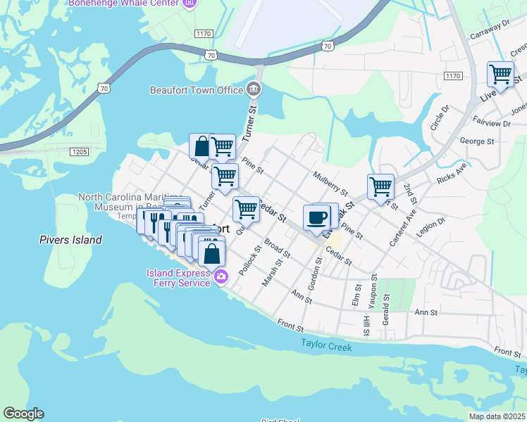 map of restaurants, bars, coffee shops, grocery stores, and more near 608 Cedar Street in Beaufort