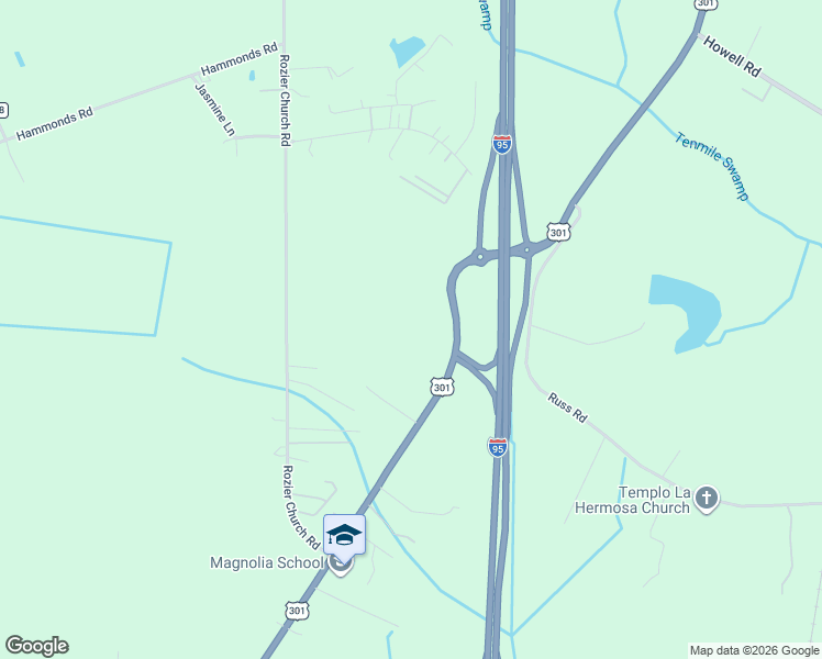 map of restaurants, bars, coffee shops, grocery stores, and more near 65 Bucket Road in Lumberton