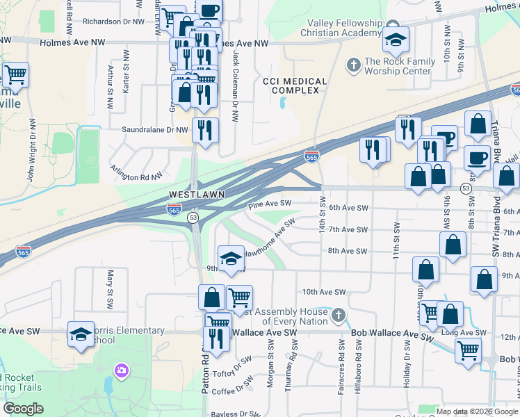 map of restaurants, bars, coffee shops, grocery stores, and more near 4013 Pine Avenue Southwest in Huntsville