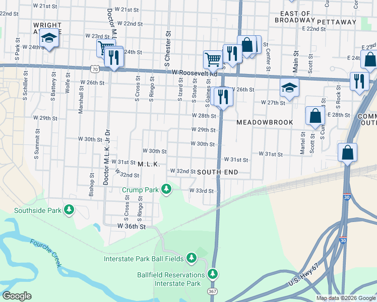 map of restaurants, bars, coffee shops, grocery stores, and more near 3012 South State Street in Little Rock