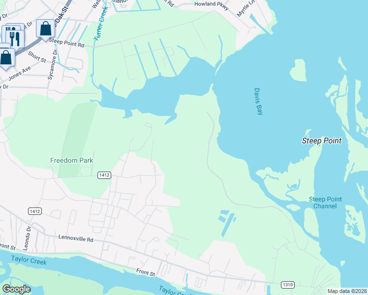 map of restaurants, bars, coffee shops, grocery stores, and more near 170 Davis Bay Drive in Beaufort