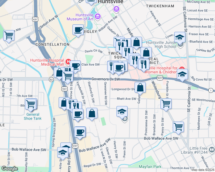 map of restaurants, bars, coffee shops, grocery stores, and more near 2009 Sewanee Road Southwest in Huntsville