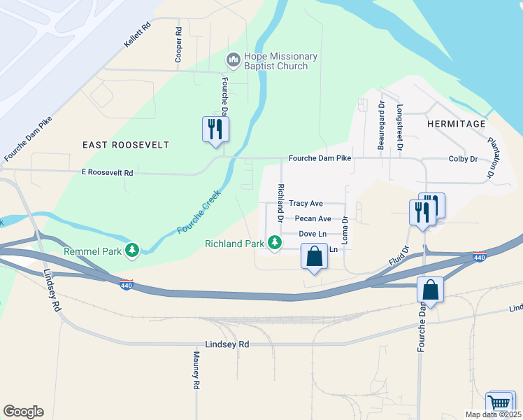 map of restaurants, bars, coffee shops, grocery stores, and more near 2902 Bermuda Lane in Little Rock