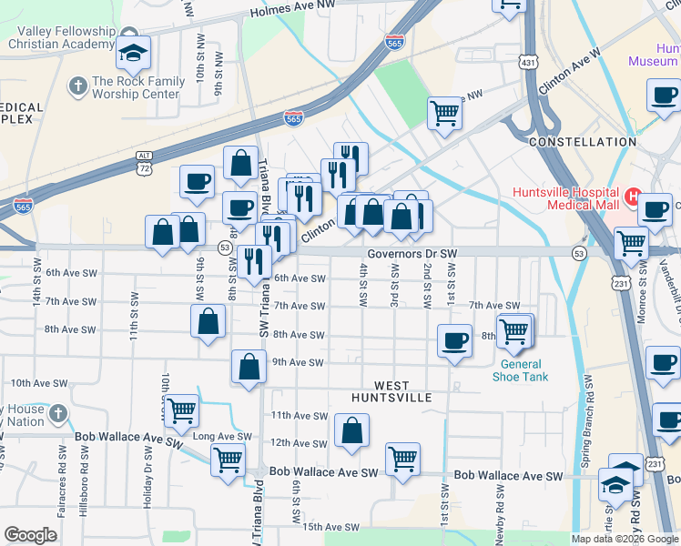 map of restaurants, bars, coffee shops, grocery stores, and more near 2908 6th Avenue Southwest in Huntsville