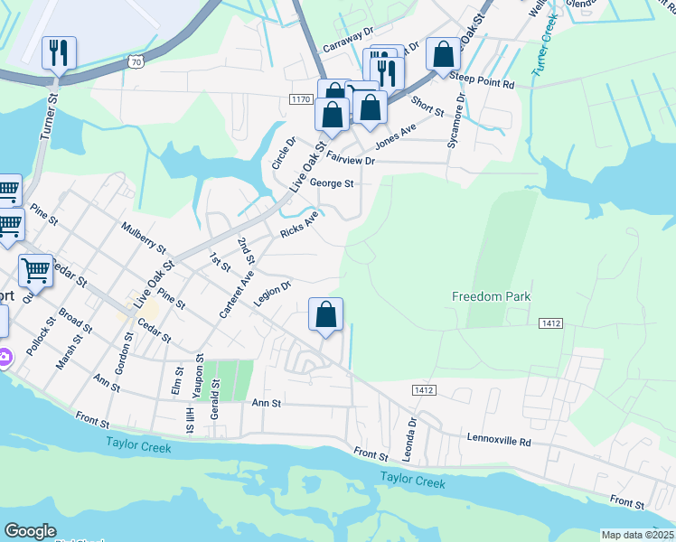 map of restaurants, bars, coffee shops, grocery stores, and more near 423 2nd Street in Beaufort