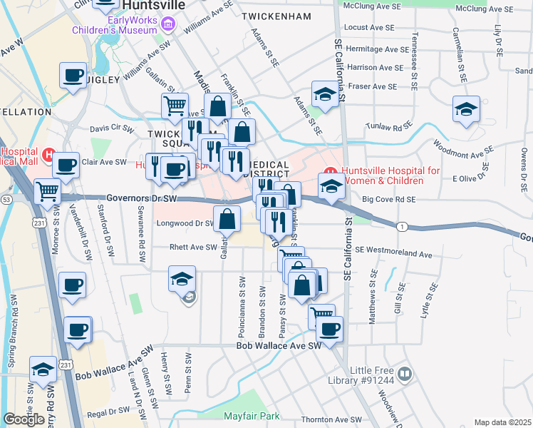 map of restaurants, bars, coffee shops, grocery stores, and more near 2013 Whitesburg Drive in Huntsville