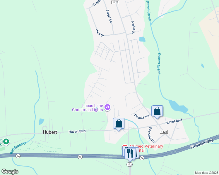 map of restaurants, bars, coffee shops, grocery stores, and more near 394 Morton Farm Road in Hubert
