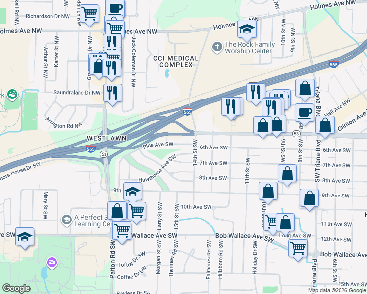 map of restaurants, bars, coffee shops, grocery stores, and more near 3906 Hawthorne Avenue Southwest in Huntsville