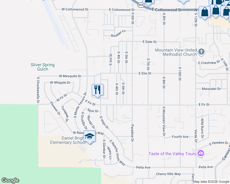 map of restaurants, bars, coffee shops, grocery stores, and more near 1112 South 4th Street in Cottonwood