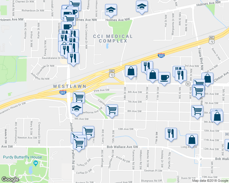 map of restaurants, bars, coffee shops, grocery stores, and more near 3906 Hawthorne Avenue Southwest in Huntsville