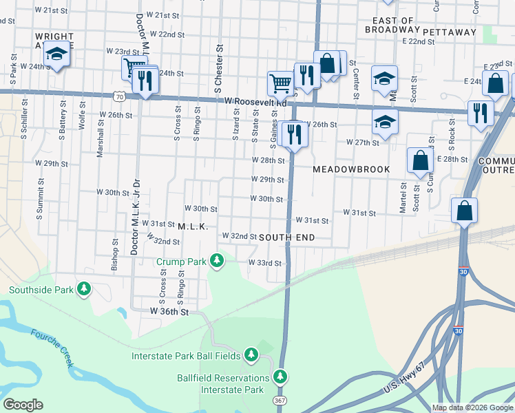 map of restaurants, bars, coffee shops, grocery stores, and more near 3012 South State Street in Little Rock