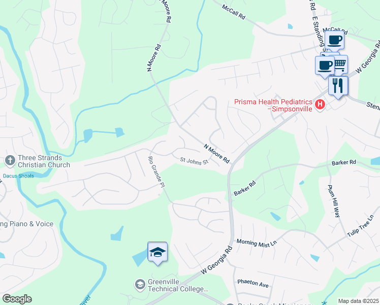 map of restaurants, bars, coffee shops, grocery stores, and more near 140 Saint Johns Street in Simpsonville
