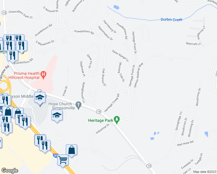 map of restaurants, bars, coffee shops, grocery stores, and more near 223 Oak Branch Drive in Simpsonville