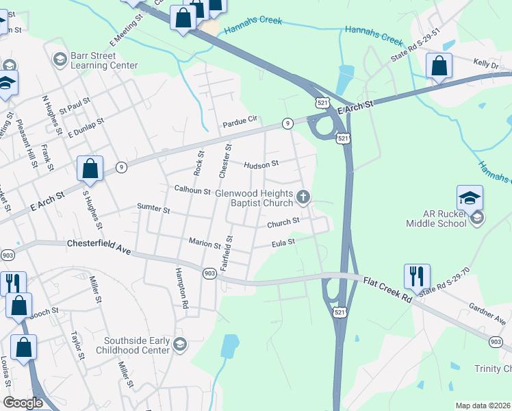 map of restaurants, bars, coffee shops, grocery stores, and more near 415 Kershaw Street in Lancaster
